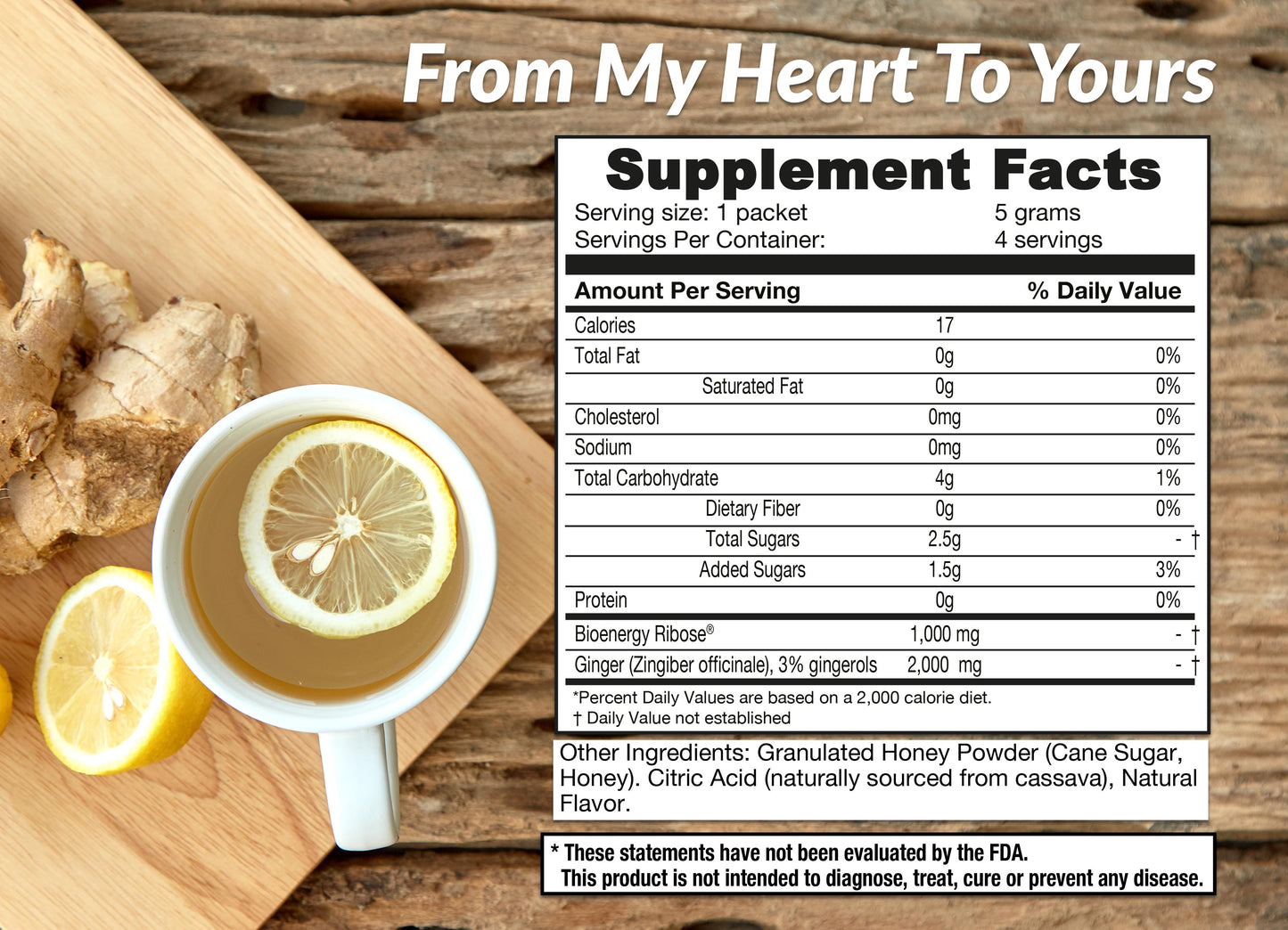 Supplement facts label for a ginger supplement with a cup of tea, lemon, and ginger root on a wooden background.