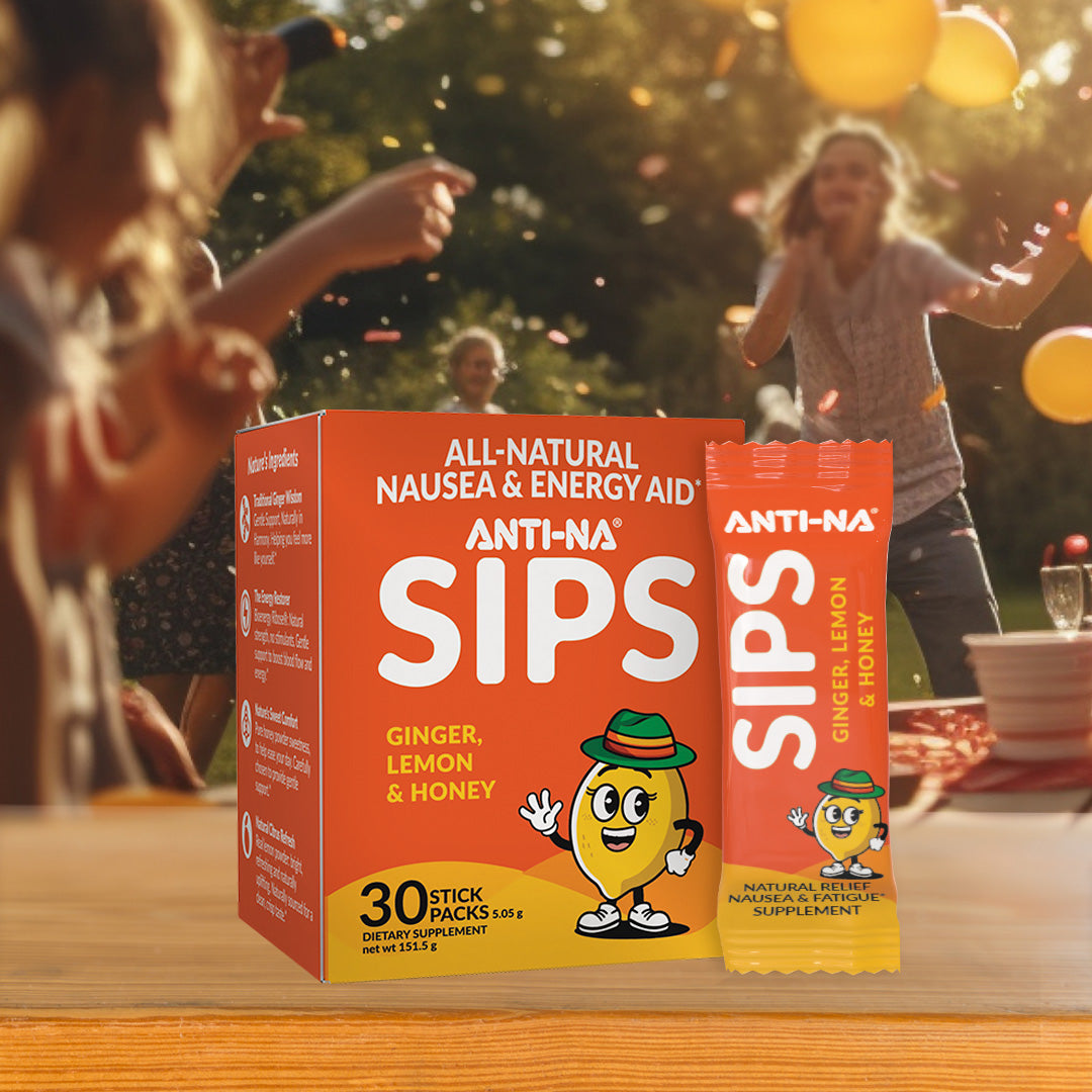 ANTI-NA SIPS packaging with people in the background at a party.