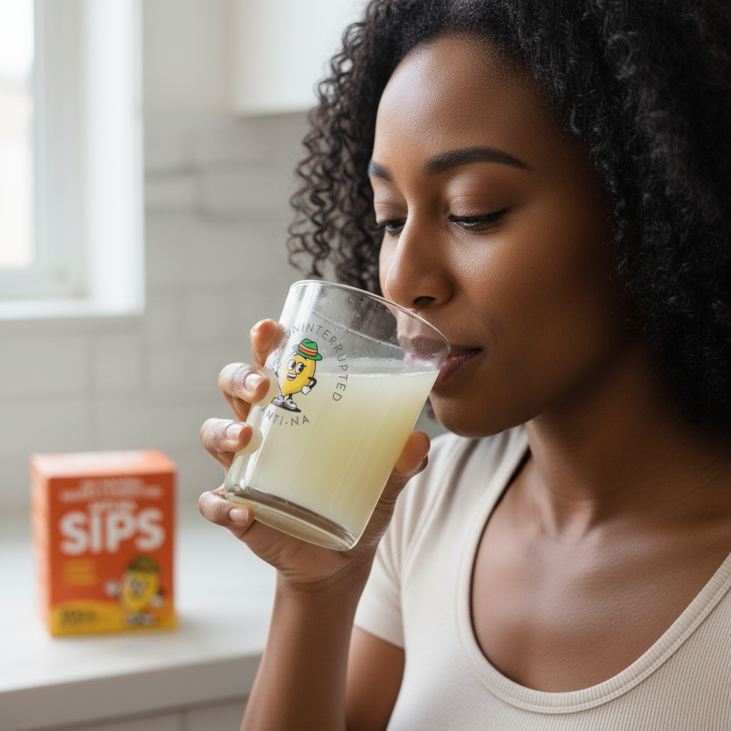 Young Black woman drinking Anti-na SIPS with relief
