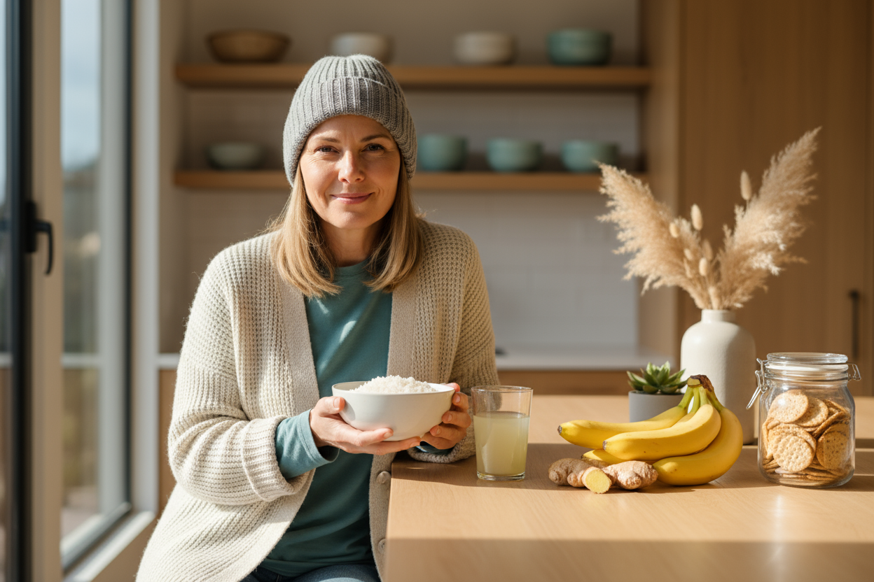 woman in kitchen holding a bowl of rice 