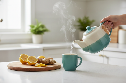 Image making ginger tea, pouring hot water from a ceramic kettle into a mug