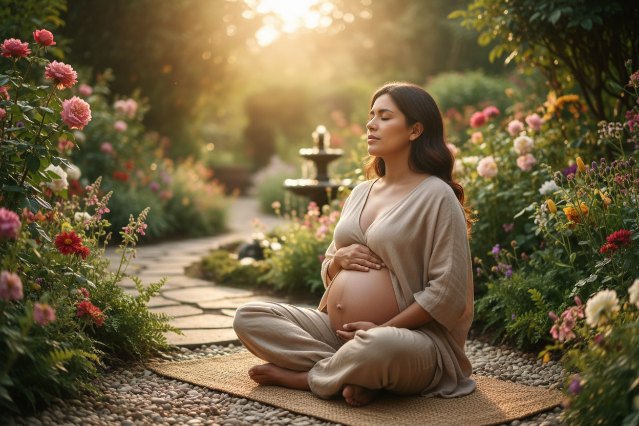 pregnant woman relaxing outside in garden with fountain