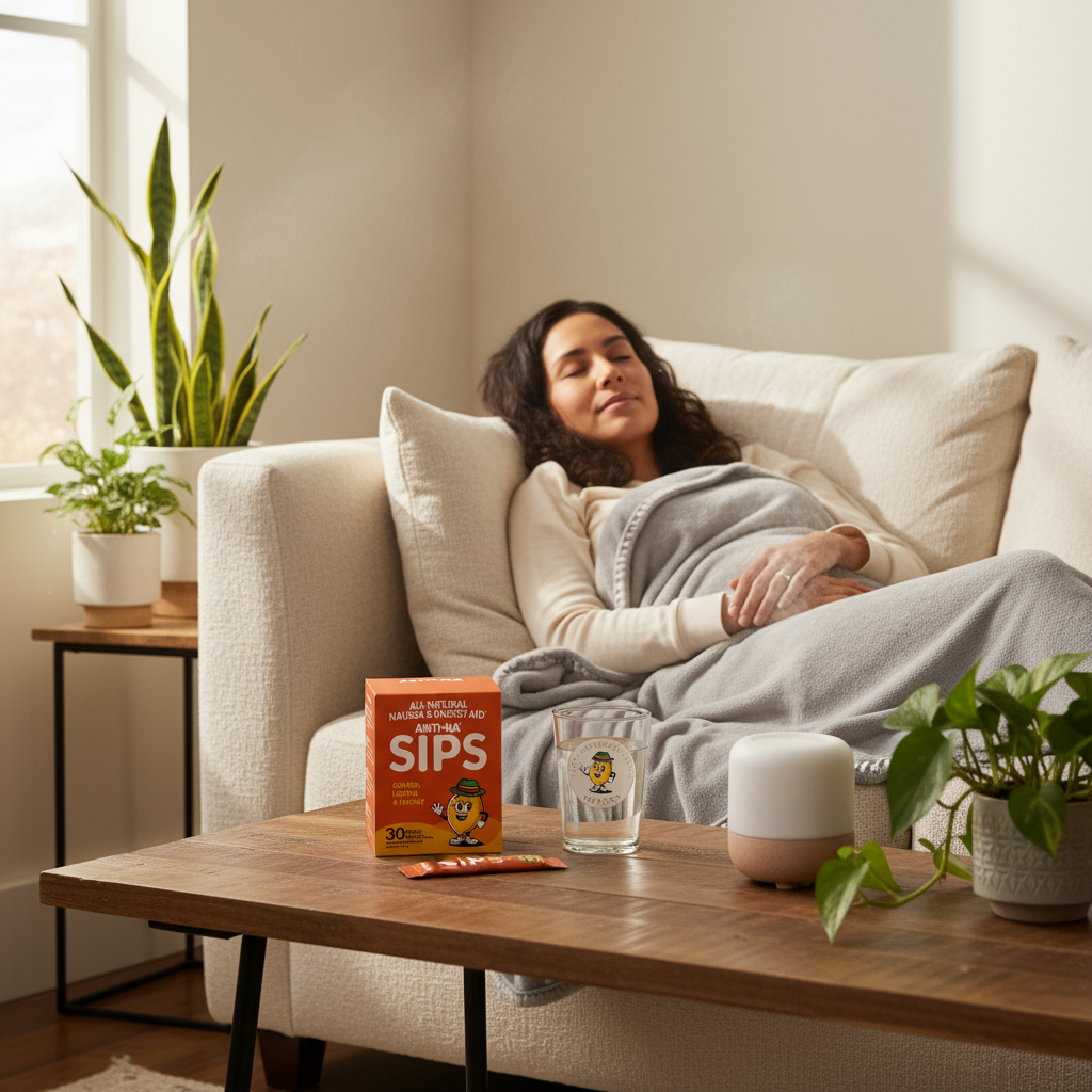 woman sleeping on couch who is recovering from migraine nausea using Anti-na SIPS 