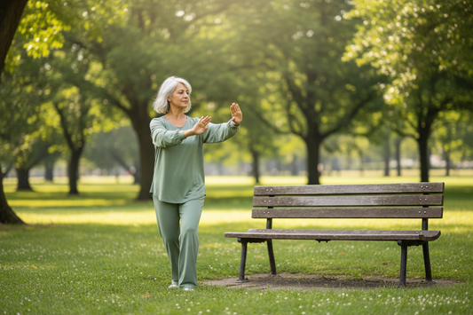 Lifestyle Image, Woman performing yoga outside in a park. 