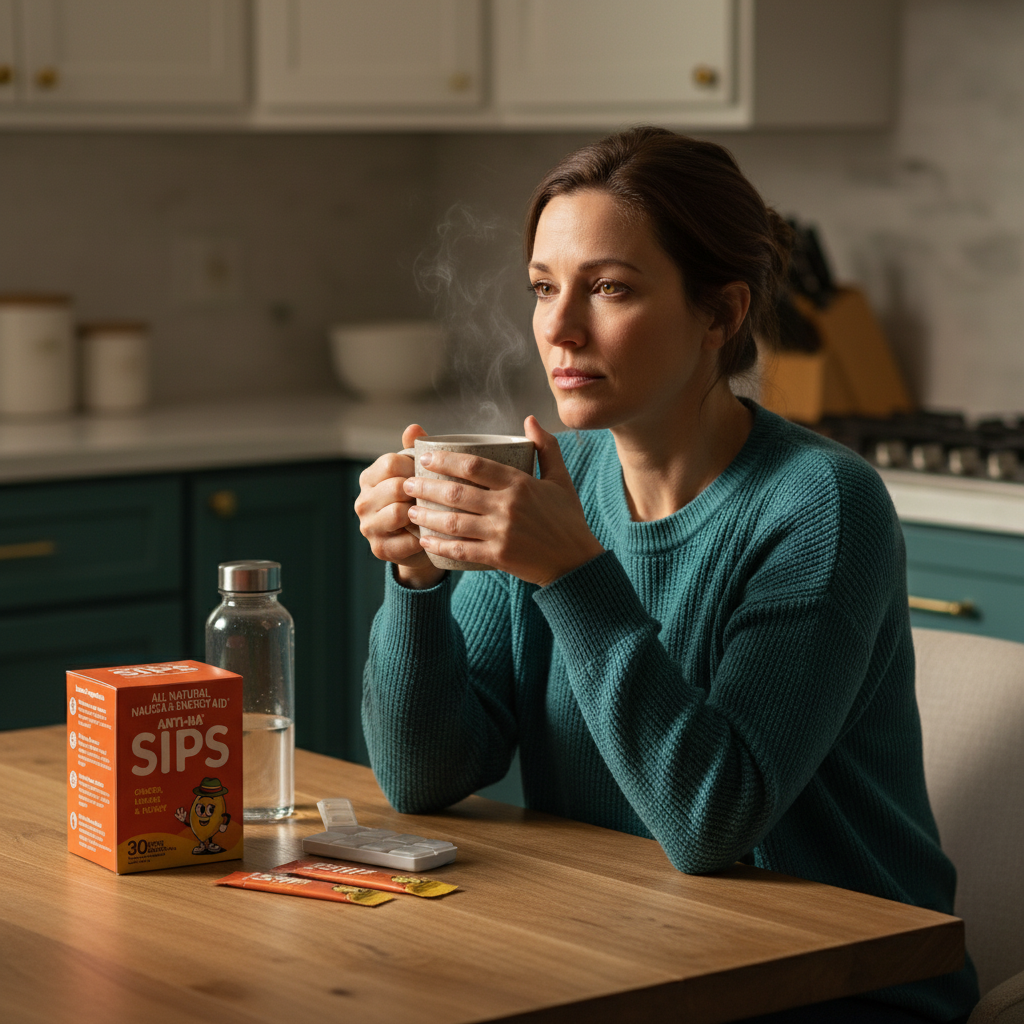 woman drinking Anti-na SIPS, experiencing hormonal fluctuations