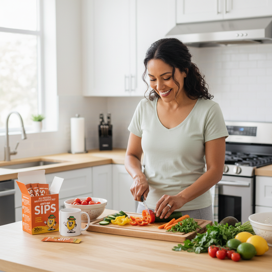 woman in kitchen making a healthy meal with Anti-na SIPS on the counter