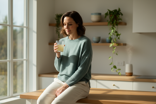 Woman leaning against counter in kitchen drinking Anti-na SIPS to help with her food poisoning