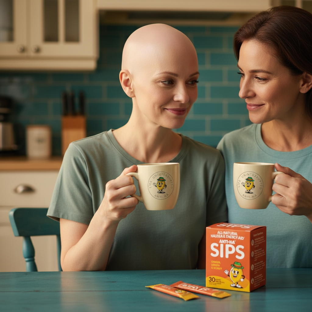 Cancer patient drinking anti-na SIPS for nausea relief with caretaker
