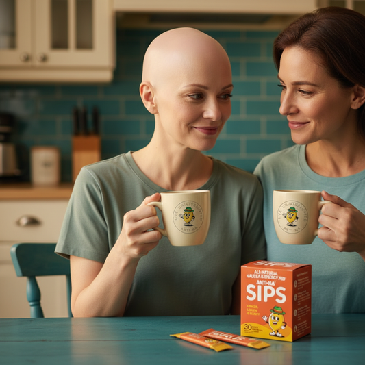 Cancer patient drinking anti-na SIPS for nausea relief with caretaker