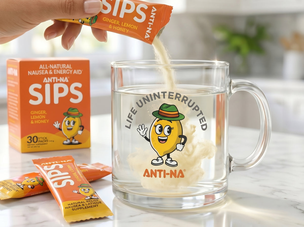 Hero image Anti-na SIPS being poured into mug for quick relief from nausea and fatigue