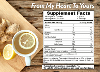 Supplement facts label for a ginger supplement with a cup of tea, lemon, and ginger root on a wooden background.