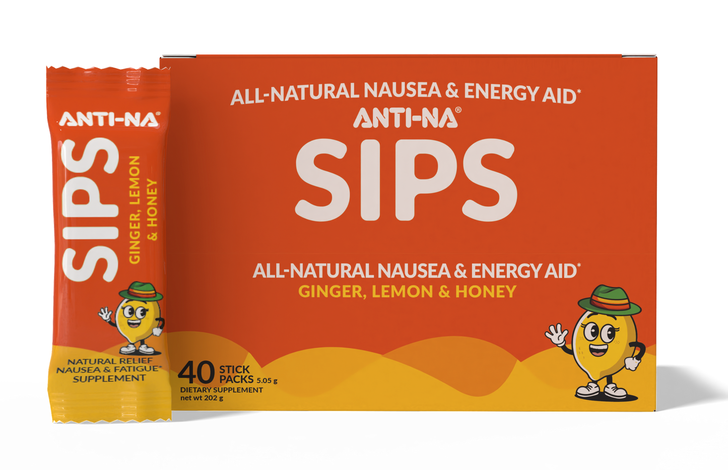Anti-na SIPS point-of-purchase display with 40 total stick packs (10 boxes x 4 count) for nausea and energy support, stickpack on left