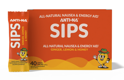 Anti-na SIPS point-of-purchase display with 40 total stick packs (10 boxes x 4 count) for nausea and energy support, stickpack on left