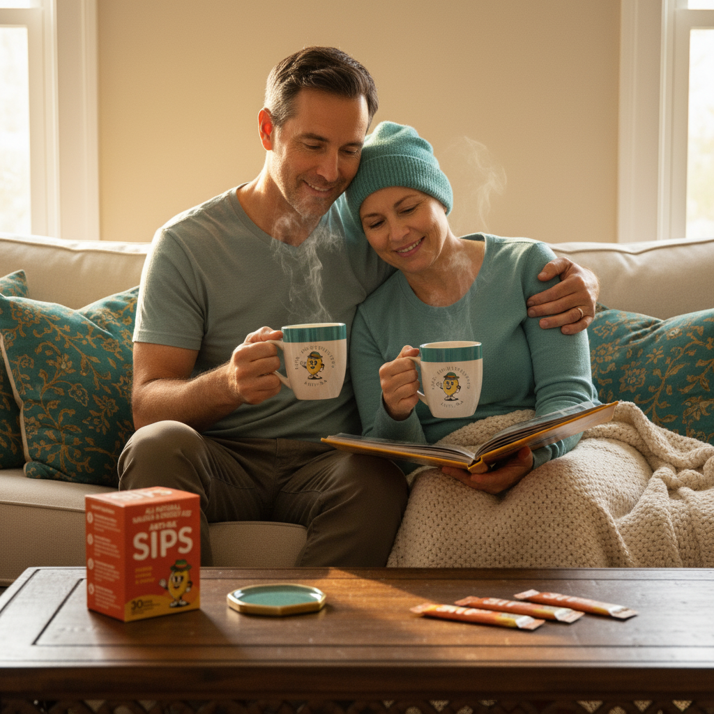 caregiver and cancer warrior drinkins Anti-na and enjoying a quiet moment reading a book while sitting on a couch