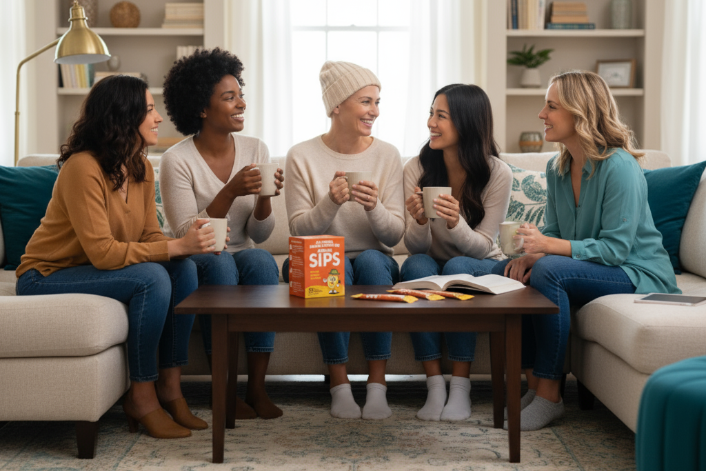 Diverse women's book club supporting woman without hair during chemotherapy with Anti-na SIPS on table