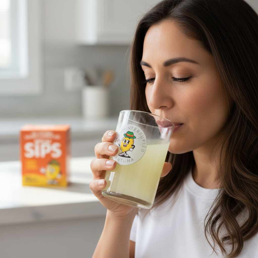 Latina woman drinking Anti-na SIPS with relief