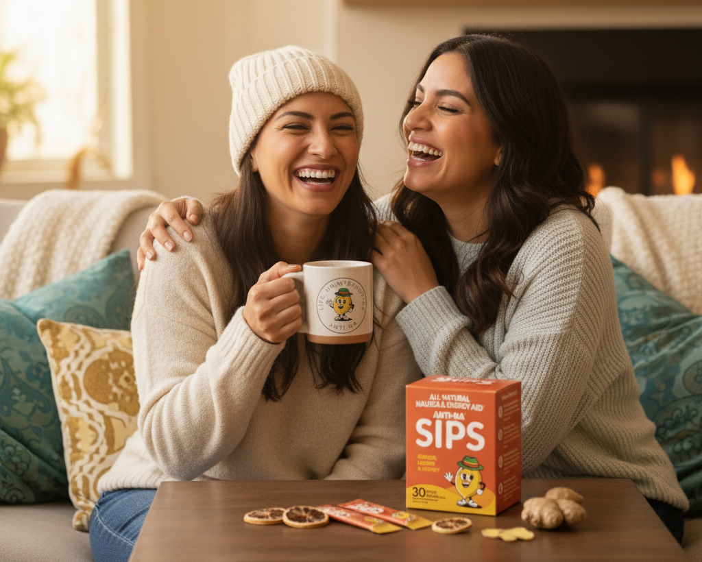 Latina woman in knit cap during chemotherapy laughing with caregiver friend and Anti-na mugs