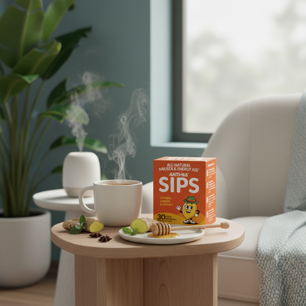 Lifestyle scene with Anti-Na Sips on side table