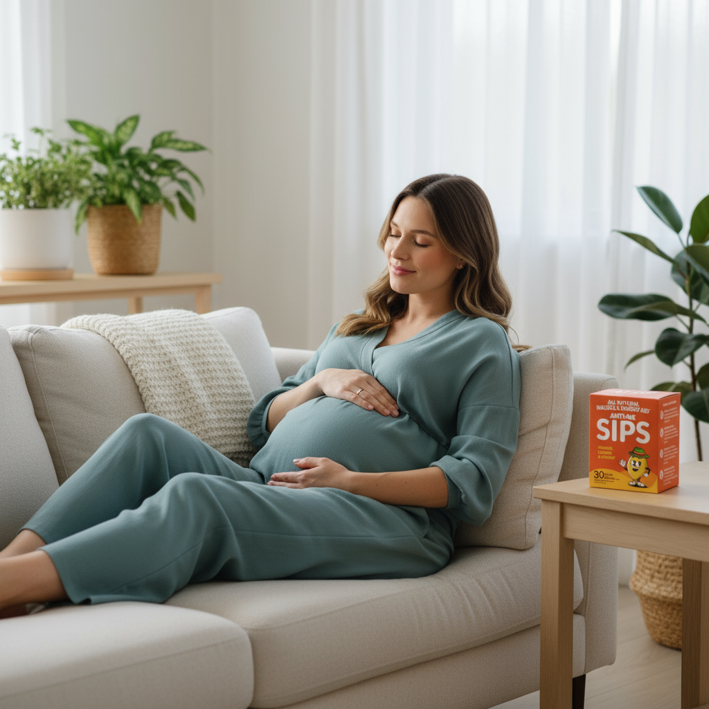 Pregnant woman relaxing at home with Anti-Na Sips