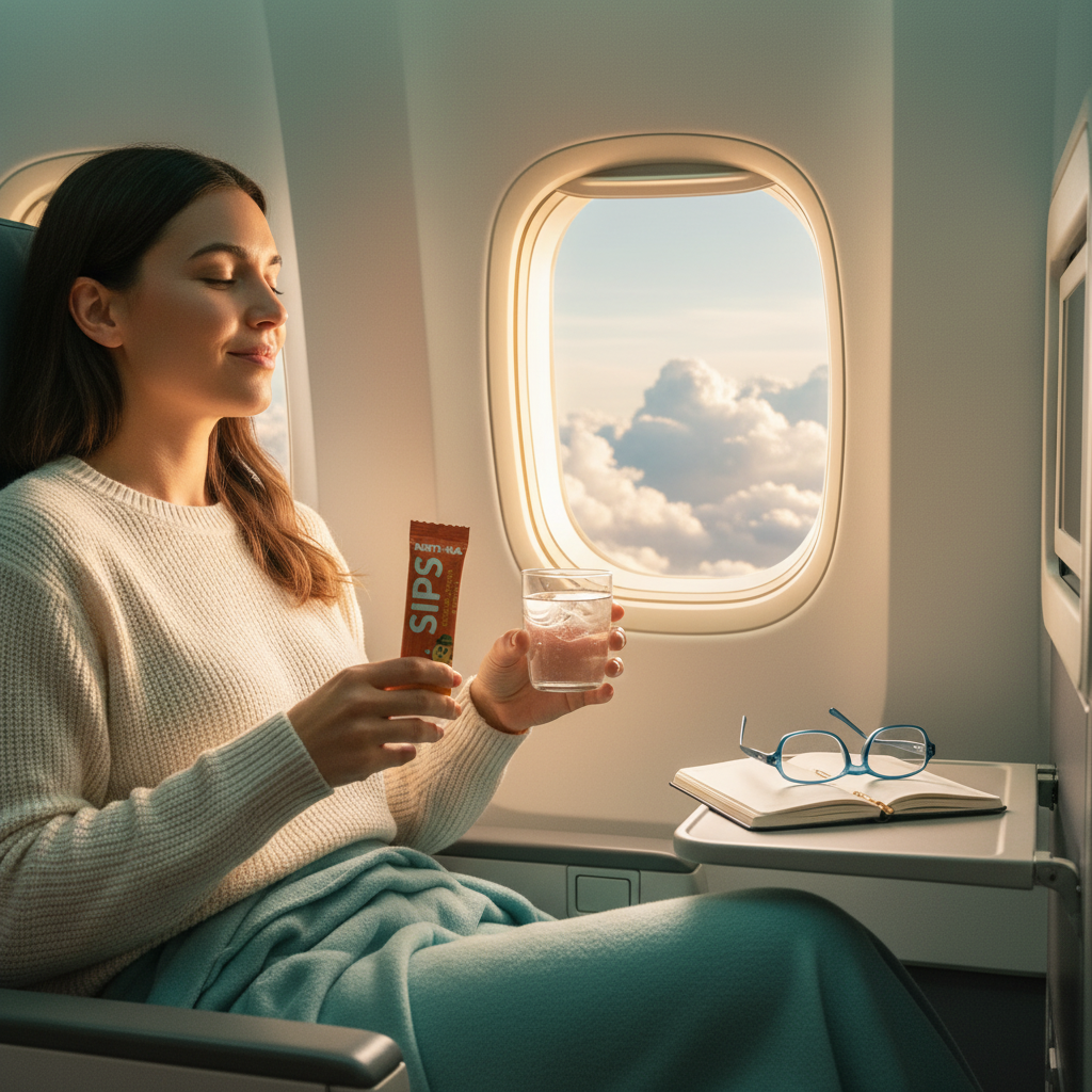 Traveler using Anti-Na Sips stick pack while traveling on plane