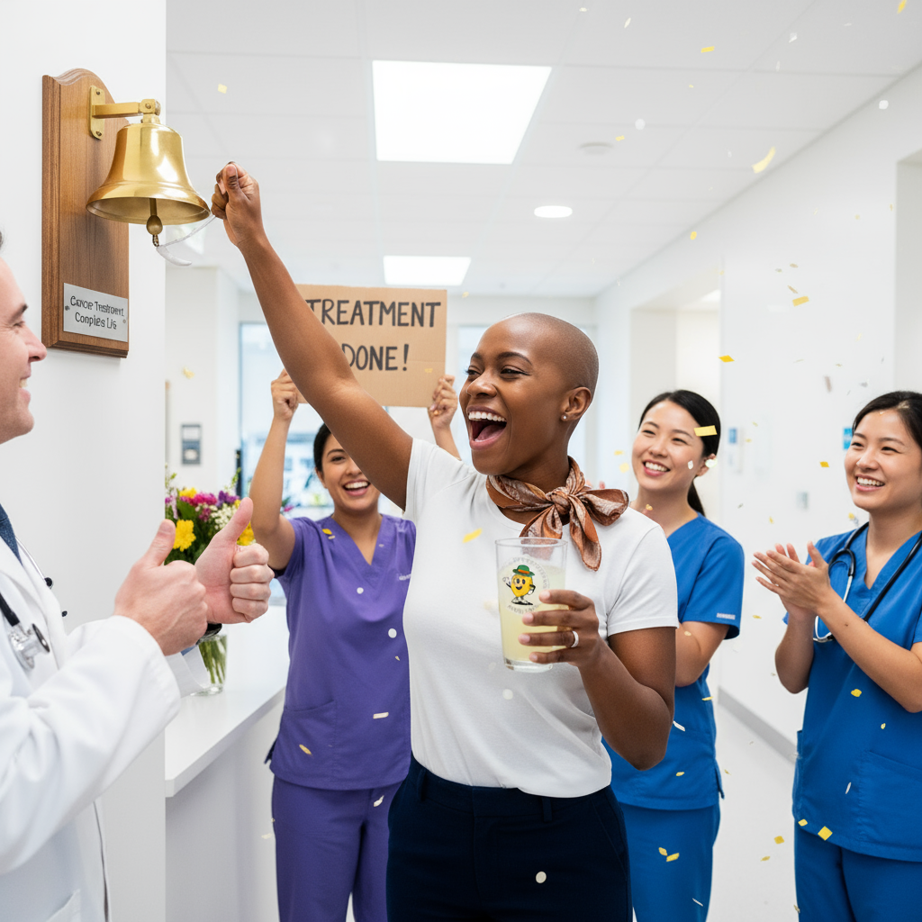 Young Black woman celebrating end of cancer treatment with Anti-na SIPS and diverse medical staff